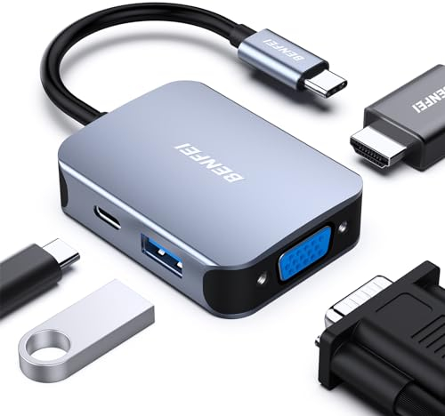 BENFEI USB C HUB 4in1, USB Type-C to HDMI VGA Adapter, USB Adapter, Power Delivery, Compatible for iPhone 15 series, MacBook Pro 2023/2022/2021/2020,Surface Book 2, Dell XPS 13/15, Pixelbook