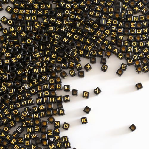 Zsail Buchstabe Perlen 1000Stücke Acryl Alphabet Buchstabe Perlen A-Z Buchstabe für Schmuck Herstellung (6mm bg black-gold)