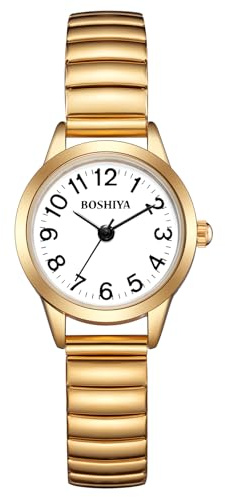 BOSHIYA Damen Armbanduhr Edelstahl Zugband Elegant Analog Quarz Uhr mit Großen Digital Zifferblatt Elastisch Armband Kleine Armbanduhr Damen Gold