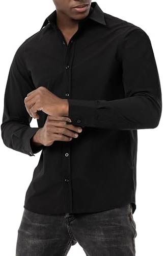Redbridge - Camicia da uomo Basic a maniche lunghe, vestibilità moderna, con colletto Kent, Nero , L