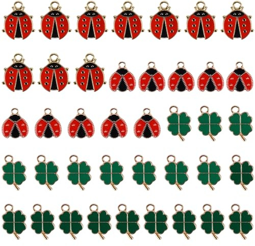 RNHDLY 40 Pcs Kleeblatt Anhänger Marienkäfer Charms Metall Glücksbringer Vierblättriges Kleeblatt, Rot Ladybug Emaille Charme für DIY Halskette Schlüsselbund Armband Glück Schlüsselanhänger