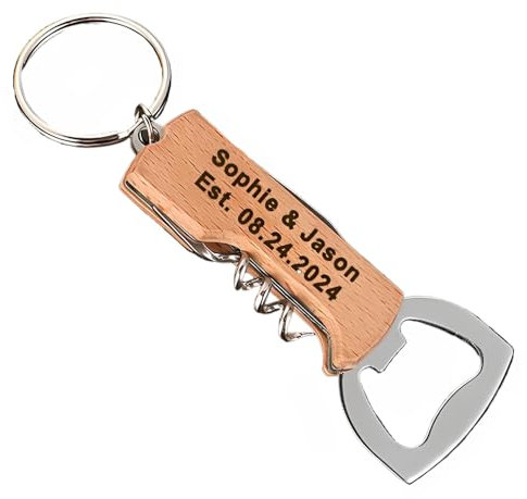 10-Pack personalizzato inciso 4-in-1 MultiTool manico in legno portachiavi vino sughero apribottiglie