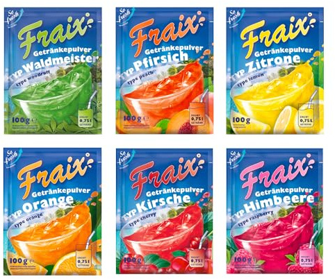Fraix Bebida en polvo, 6 variedades mixtas (30 unidades x 100 g), paquete de 5 paquetes cada uno, sabores, frambuesa, cereza, naranja, melocotón, limón