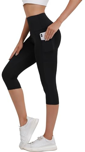 Merlvida Legging 3/4 Femme Taille Haute Pantalon Sport Capri avec Poches Pantacourt Été Extensible Opaque Leggings Court Push Up Cyclisme Yoga Fitness