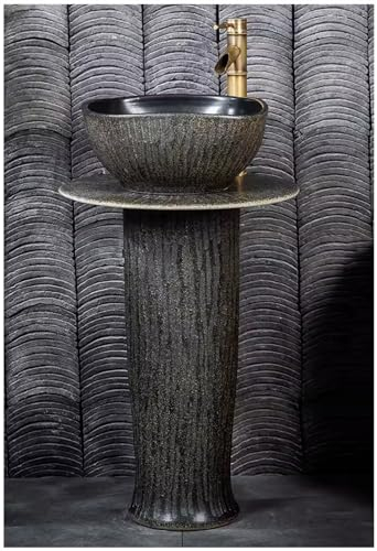 ZTGL Design Einzigartig Quadrat Waschbecken mit Säule Keramik Standwaschbecken Waschtisch Säule Badmöbel with Combination Tap and Drain für drinnen und draußen,Without Mirror