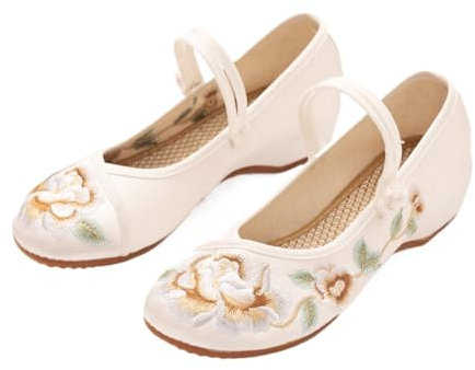 xinrishe 2024 Summer Satin Floral Embroidered Shoes Chinese Traditional Style Shallow Mouth Casual Shoes Mary Jane Flats Shoes For Stage Show Prom(Color:White,Size:5 UK)