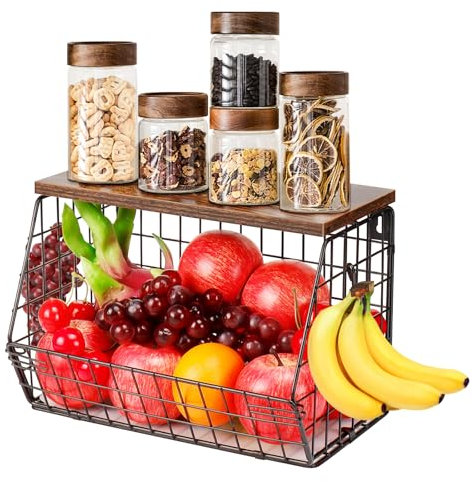 Livabber Fruit Basket for Kitchen, Metal Fruit Vegetable Storage Bin with 2 Banana Hangers, Countertop Wire Basket Organizer for Snack Potato Onion, Screw Mounted or Stand (Black, 1 Pack)