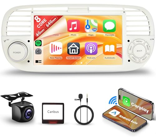 8 Core 4G+64G Android Autoradio per FIAT 500 2007-2015 7 Pollici Senza Fili Carplay Autoradio con Touchscreen Android Auto Navi GPS WiFi Mirror Link Bluetooth FM/RDS/DVR/EQ/OBD+ Controllo del Volante