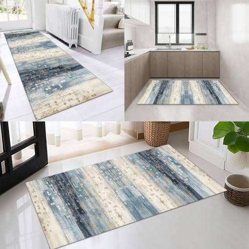 OFOFNG Alfombra Larga para Pasillo,Alfombra de Cocina,Pasillo,Antideslizante,modernidad Azúl Marrón 100x250cm,para Cocina,Dormitorio,Comedor,poliéster,Personalizable,por Metros