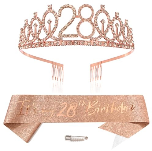Or rose 28e anniversaire couronne et écharpe fille 28e anniversaire décoration strass anniversaire diadème princesse couronne reine tiare d'anniversaire filles 28 ans décoration fête vêtements