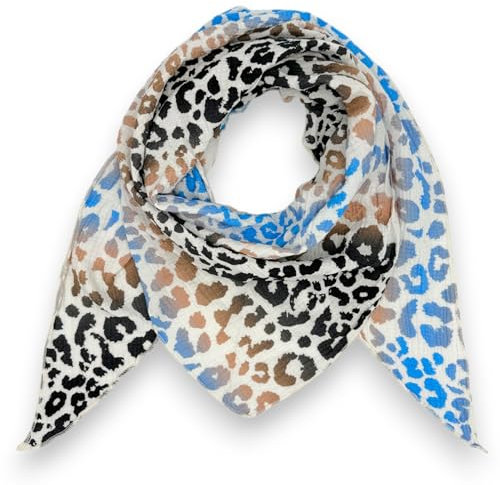Damen Musselin Tuch Frühling Sommer Leicht Leo Mehrfarbig Bunt Dreieck Halstuch Leoprint Schal Baumwolle Leopard Animal Made in Italy 195 x 72 cm (Blau-Braun)