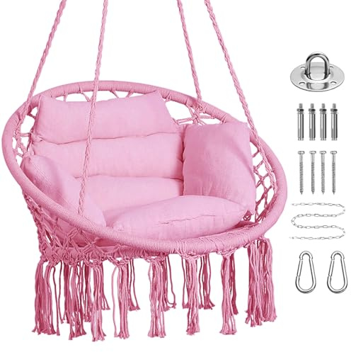 Goutime Hängestuhl Hängestuhl Makramee Boho Hängesessel Rosa | Mit Kissen und Hardware-Set, Boho-Schaukeln für Erwachsene, für draußen, Terrasse, Balkon, Schlafzimmer, Veranda