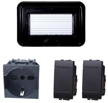 Kit Placca Scatola 504 IP55, 4 Moduli 1 Presa Schuko P40 + 2 Interruttore, Compatibile Con Bticino Living, Colore Nero, Placca Stagna Idrobox Incasso Da Esterno