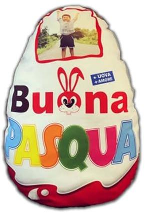 MOCHEIA SHOP Cuscino Personalizzato A Forma di Uovo Pasqua Sorpresa Ovetto Personalizzabile con Foto - Misura circa 33x22 cm - in ottimo Poliestere - Idea regalo