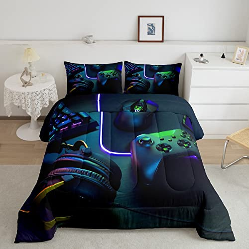 Homemissing 200x200cm Gamer Kids Set Piumini per Ragazzi Ragazzi Gioco Cuffie Tastiera Piumino Set Mouse Gamepad Letto Trapuntato Nero Verde Gaming Leggero Reversib