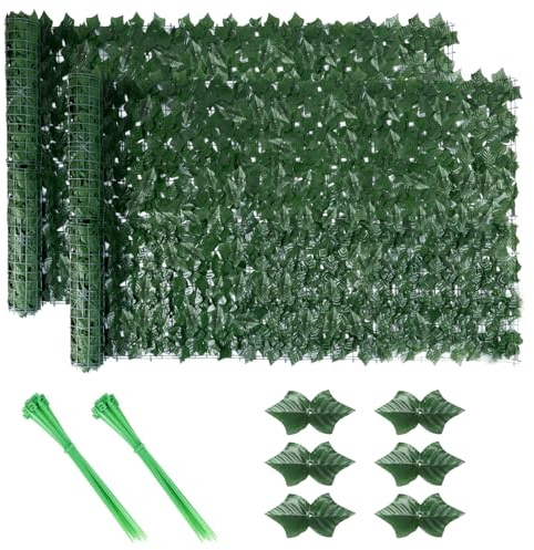 2PCS Artificial Ivy Fence Screen, 3m x 1m Garden Fence Screening Trellis with Artificial Leaves, Expandable Faux Privacy Artificial Hedge Roll with 20pcs Zip Ties for Garden Balcony Outdoor Decoration