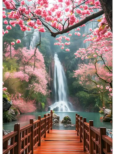 DPHERO DIY Rosa Blumen Diamant Painting Kits Bilder für Erwachsene Anfänger,5D Wasserfall Diamond Painting Set,DIY Runde Steine Landschaft Diamant Kunst Kits, Diamond Art für Zuhause Dekor 30x40 cm