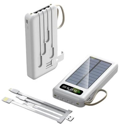 Solaire Power Bank, 20000mah 2.1A Portable Batterie Externe Solaire avec 4 Câbles,Lampe De Poche, Support, lanière pour Camping Smartphones, Tablette. (Blanc, 20000mah)