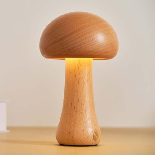 AoLa Holz Pilz Tischlampe Dimmbar 3W LED Tischleuchte mit Touch Schalter Akku Kabellos Nachtlicht 3000K Warmweiß USB Aufladung Nachttischlampe Modern Kinderzimmer Deko Lampe für Schlafzimmer