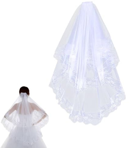 Beufee 2 Tierspitzen Hochzeitsschleier, weiche Tüll Brautschleier elegante glänzende Glitzer Brauthaarzubehör mit Kamm Kathedralen-Hochzeitsschleier Spitzenschleier für Frauen Hochzeit
