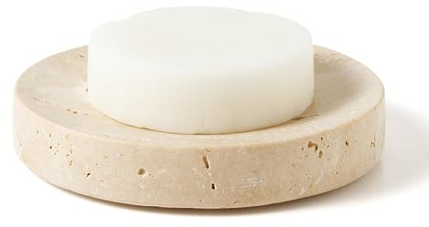 WORHE Marmor-Seifenschale, Schwammhalter aus Natürlichem Travertinstein | 10.5 x 10.5 x 1.8cm für Badezimmer, Badewanne, Dusche, Küchenspüle, Beige (WH046)