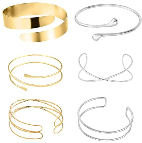 GWAWG 6Pcs Gold Silver Bangles for Women, Stackable Chunky Bangles Bracelet Set, Adjustable Boho Jewellery for Party Wedding Daily Wear, Minimalist Layered Bangle Bracelets