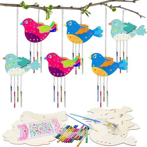 TYXHXTF 6 Stück Bird Windspiel Bastelset Kinder, Bird Basteln Holz Meer Bastelhandwerk zum Bemalen, Kinder Holz Klangspiel Kreativsets für Jungen Mädchen