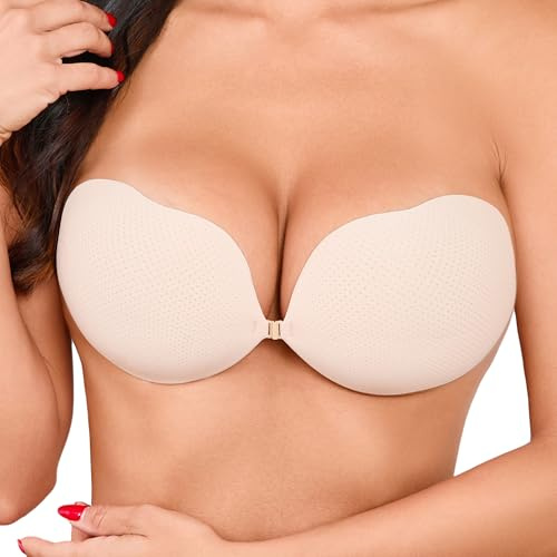 Hioffer Women's Sticky Push up Adhesive Bra Strapless Invisible Stick on Bras for Backless Dresses, Wedding Beige