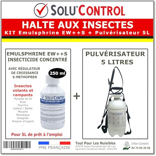 HALTE AUX INSECTES - Kit complet : Insecticide Concentré pour 5 LITRES - Volants et rampants - avec régulateur de croissance S-Methopren - EMULSPHRINE EW++S 250 ml + Pulvérisateur de 5L