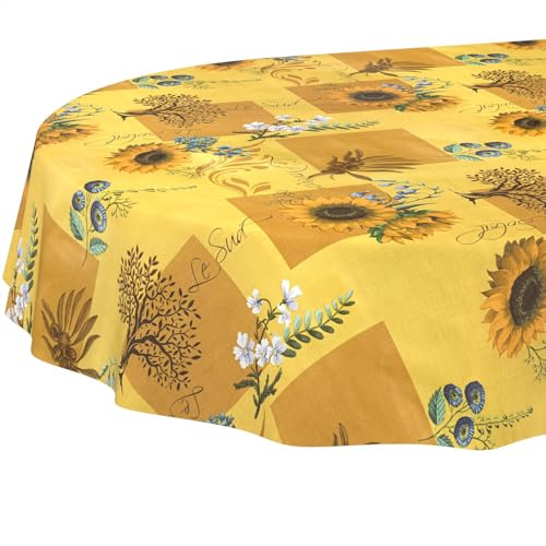 Wachstuchtischdecke Tischdecke abwaschbar Wachstischdecke pflegeleicht wasserabweisend Lotuseffekt Gartentischdecke Sonnenblume Oval 160 x 140 cm Schnittkante