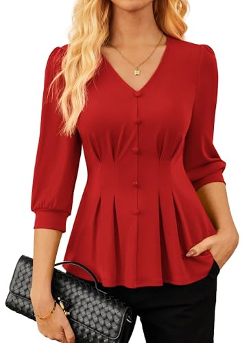 GRACE KARIN Women's Elegant Blouse Shirt V-Neck 3/4 Lantern Sleeve Shirt Pleated Stretch Knit Blouse Tops for Office Work