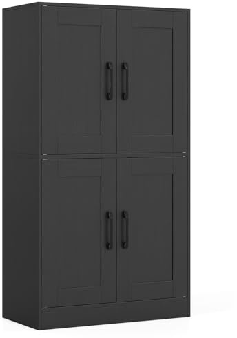 COSTWAY Küchenschrank, Vorratsschrank Küche, Aufbewahrungsschrank mit 4 Türen & verstellbaren Regalen, Buffetschrank Holz, Mehrzweckschrank für Wohnzimmer, Esszimmer, 60 x 30 x 110 cm (Schwarz)