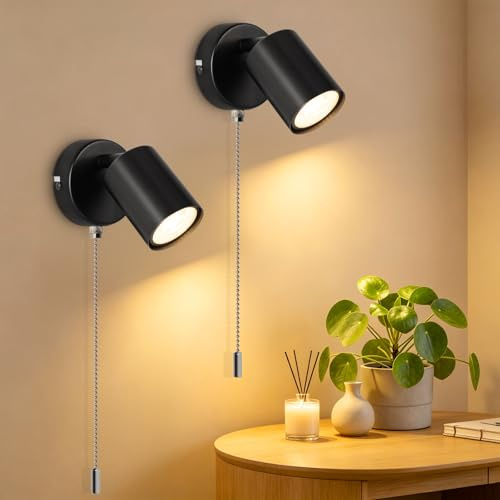 Ketom 2 Stück GU10 Wandleuchte Innen, Schwenkbar Wandlampe mit Schalter | Moderne Wandbeleuchtung mit Zugschalter, Wandstrahler Innen Schwarz für Schlafzimmer, Flur, Treppenhaus, Ohne Leuchtmittel