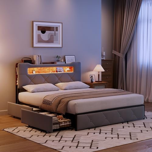 BRILVERDE Sängkudde 140 x 190 med förvaringslåda, dubbelsäng med LED/USB, ungdomssäng, med huvuddel och ribbotten, sängram för vuxna, sammet (grå, 140 x 190 cm)
