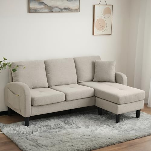 BTM L-shaped Corner Sofa with Chaise Lounge, 3 Seater Sofa with Breathable Cotton-Linen Fabric and Plastic Legs, 166x118x77cm，Ash