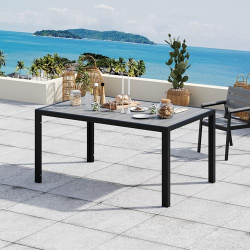Devoko Mesa Jardin Exterior de Aluminio, Mesa Terraza Exterior HDPS Veta Madera Realista Fácil Limpieza, UV/Lluvia Resistente, Carga 100kg, 150x80cm 4-6 Pers