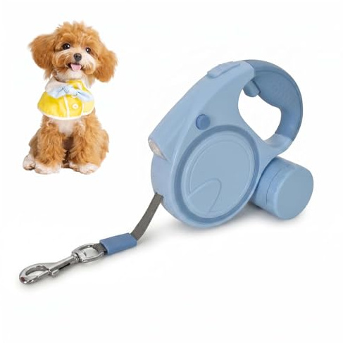 Hundeleine mit LED 5m, Rollleine für Hunde bis 10-25kg, Hundeleine Ausziehbar mit rutschfest Griff, 360° Verhedderungsfreier, Ausziehleine Hund mit Kotbeutel für kleine & große Hunde (Dunkelblau)