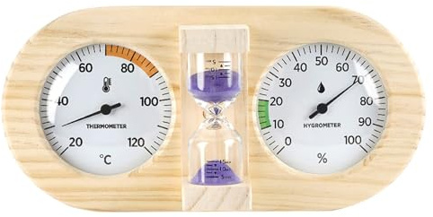 Sauna Thermometer and Hygrometer, 3-in-1 Wooden Sauna Accessories Gauge with 15-Minute Sand Timer, Mechanical Pine Wall Mount for Room Monitoring, Purple.