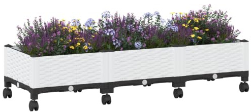 vidaXL Trädgårdsväxt med hjul vit 120 x 40 x 33 cm PP, modern trädgårds- och terrassväxt, väderbeständigt kärl för balkong, terrass eller grönsaksodling