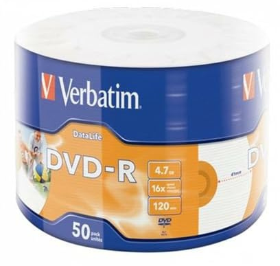 Verbatim DVD – R 43793 Datalife Lot de 50 DVD vierges à imprimer avec une imprimante avec jet d'encre, vitesse 16x, 4,7 Go