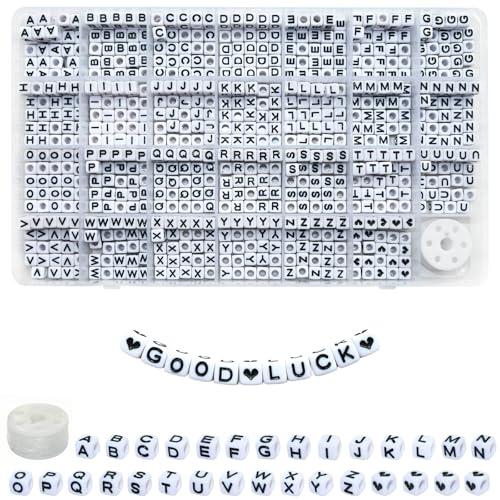 Lnvision 810 Stück Buchstabenperlen A bis Z und Love Herz Weiß Acryl Würfelperlen Quadratisch Spacer Alphabet Buchstaben Perlen 6x6mm Spacer Zwischenperlen Schmuck DIY Basteln