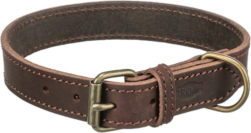 TRIXIE collier en cuir Rustic taille L : tour de cou 48–56 cm/30 mm en marron foncé - collier en cuir cousu pour grands chiens, design classique, mise en laisse douce