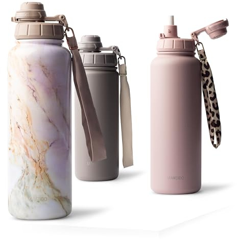 MAMEIDO termosflaska med sugrör 1,2 l, läckagesäker dricksflaska i isolerat rostfritt stål, BPA-fri vattenflaska med bärrem, sportflaska (Pearl Marble)