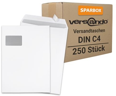 versando 250x Versandtaschen C4 mit Fenster Haftklebend 229 x 324 mm weiß: