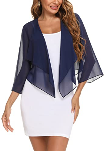 Aottori dam bolero chiffong bolerojacka elegant sommar cardigan kort lätt axelväska festlig Shrug transparent sängjacka med 3/4 ärmar, Marinblå, L