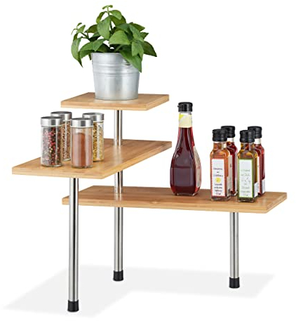 Relaxdays Eckregal Küche, Bambus, Edelstahl, HBT: 40 x 45 x 45 cm, stehendes Küchenregal Arbeitsplatte, 3 Ablagen, natur