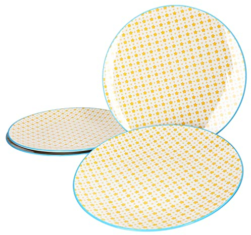 Ritzenhoff & Breker Makina gelb 4er Set Speiseteller I Ø 27 cm I 4 Personen I Essteller, große Platte, Beilagenteller I Retro-Design I Porzellan-Geschirr mit blau-weißem Dekor & gelbem Rand