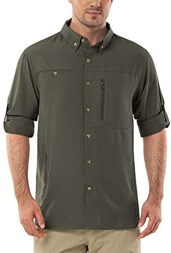 Outdoor Ventures Chemise Homme Safari UPF50+ Protection UV Manches Longues Chemise de Randonnée Chemise Outdoor Chemise Fonctionnelle Respirante Séchage Rapide Chemise Décontractée Button Down, vert