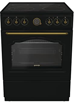 Gorenje Classico GECS 6 B70CLB Elektrostandherd mit Glaskeramik-Kochfeld/Retro Design / 60cm / 71 Liter/Gentle Close/Schnellaufheizung/AirFry/ExtraSteam/Pizzamodus/AquaClean/schwarz