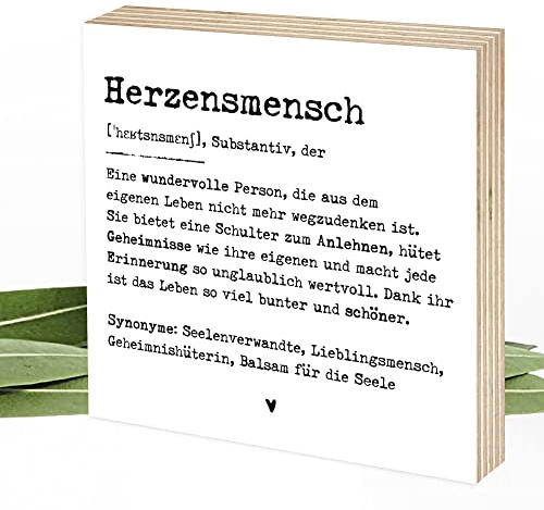 Wunderpixel® Holzbild Definition Herzensmensch - 15x15x2cm zum Hinstellen/Aufhängen, echter Fotodruck mit Spruch auf Holz - schwarz-weißes Wand-Bild Aufsteller Zuhause zur Dekoration Geschenk-Idee
